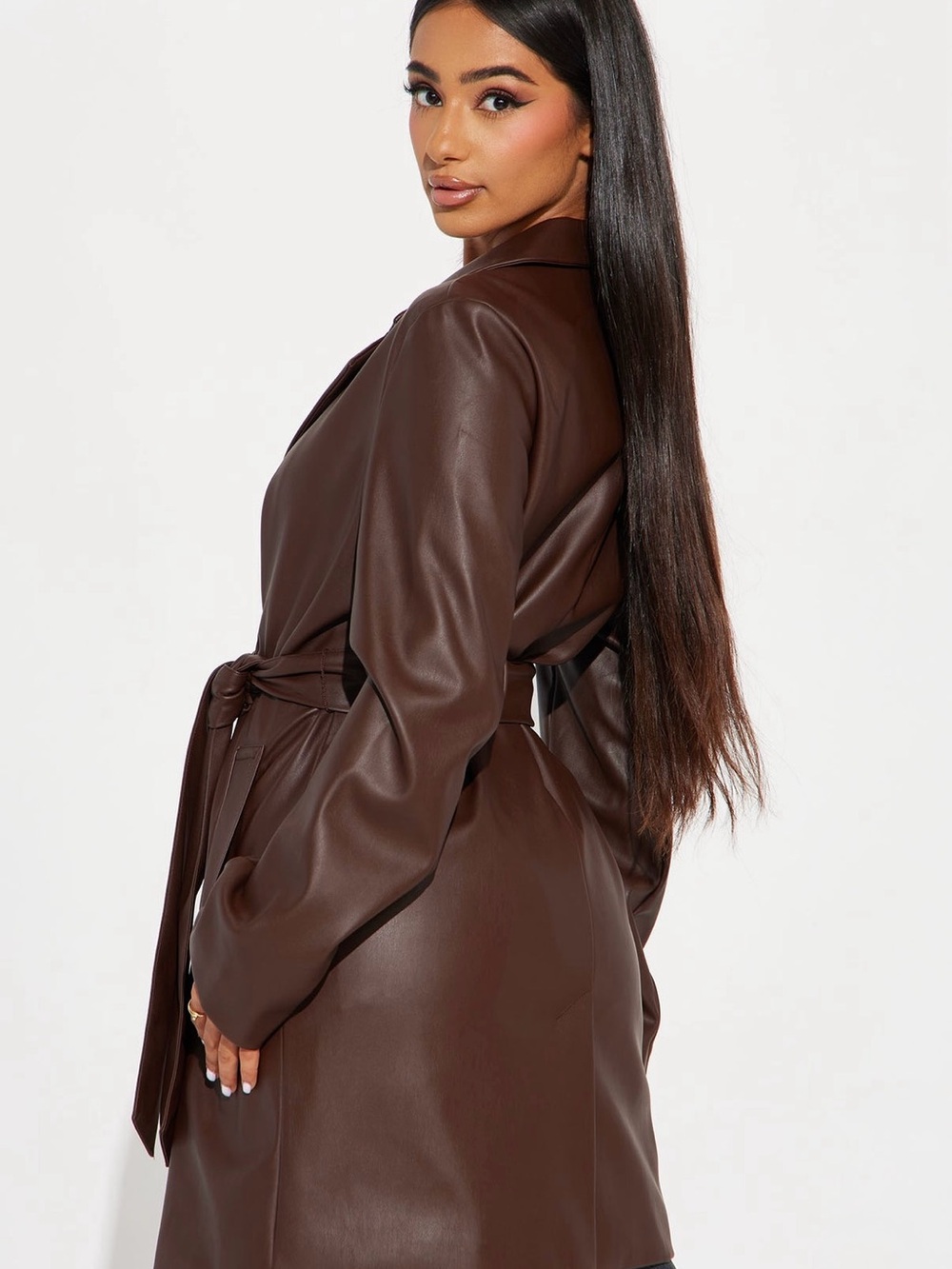 Fashion Nova Brown Faux Leather Double-Breasted Trench Jacket - Picture 3 of 5